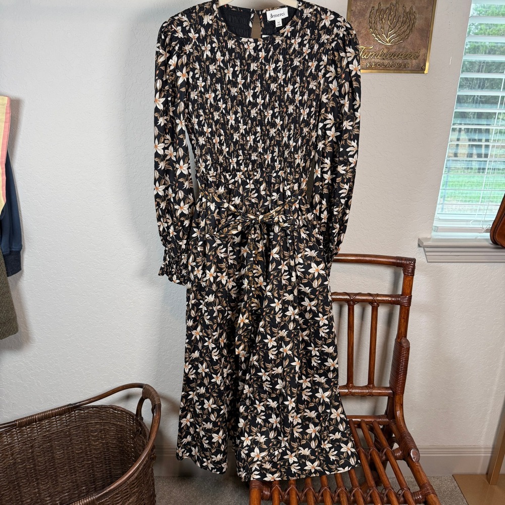 &merci Womens Black Floral Smocked Bodice Long Sleeve Midi Dress Medium